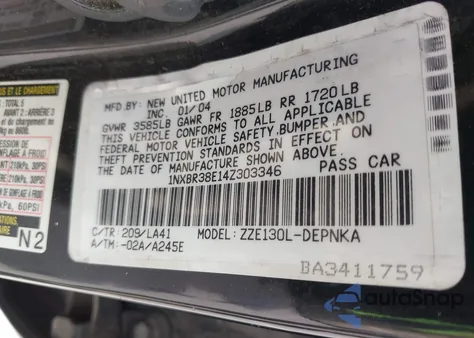 2004 Toyota Corolla Le из США, поврежденный, VIN 1NXBR38E14Z303346